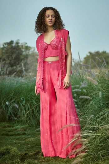 Buy_Basil Leaf_Pink Chiffon Embroidery Open , Sweetheart Jacket Pant Set _at_Aza_Fashions