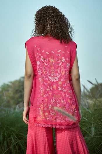 Shop_Basil Leaf_Pink Chiffon Embroidery Open , Sweetheart Jacket Pant Set _at_Aza_Fashions