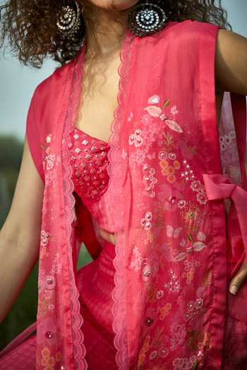 Buy_Basil Leaf_Pink Chiffon Embroidery Open , Sweetheart Jacket Pant Set _Online_at_Aza_Fashions