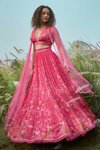 Shop_Basil Leaf_Pink Chiffon, Net Sequins Halter Neck Floral Print Lehenga Set _at_Aza_Fashions