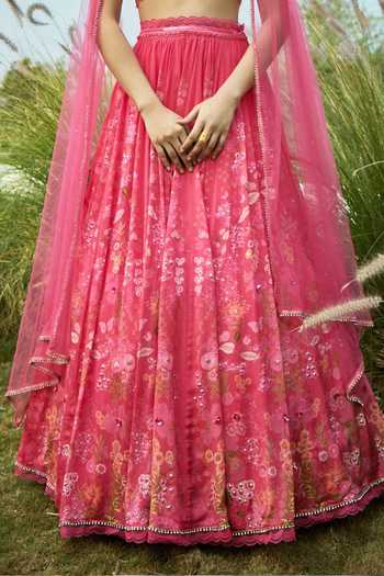 Basil Leaf_Pink Chiffon, Net Sequins Halter Neck Floral Print Lehenga Set _Online_at_Aza_Fashions