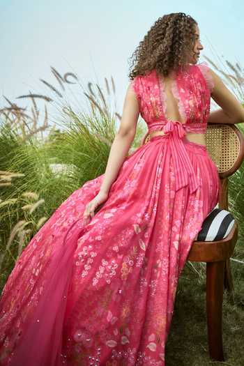 Buy_Basil Leaf_Pink Chiffon, Net Sequins Halter Neck Floral Print Lehenga Set _Online_at_Aza_Fashions