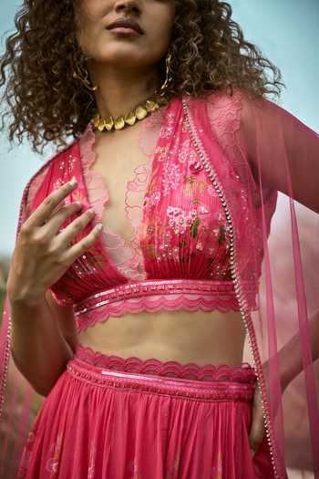 Shop_Basil Leaf_Pink Chiffon, Net Sequins Halter Neck Floral Print Lehenga Set _Online_at_Aza_Fashions