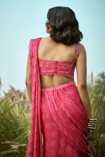 Shop_Basil Leaf_Pink Chiffon Mirrors, Embroidery, Sequins Pre-draped Saree With Blouse _at_Aza_Fashions