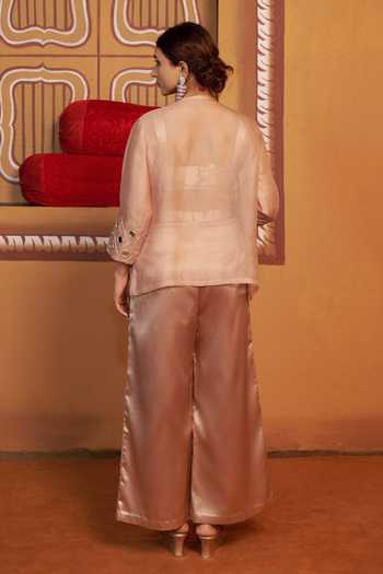 Shop_Thetaa_Gold Silk, Organza, Polyester, Satin Embroidery, Hand Work Cape And Pant Set _at_Aza_Fashions