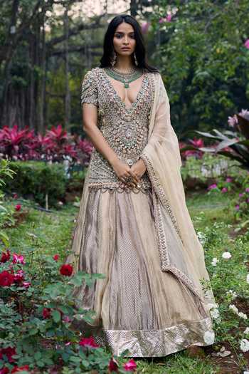 Buy_Itrh_Ivory Organza, Tissue Embroidery, Sequins, Stones, Noor-e-zar Jadau Lehenga Set _at_Aza_Fashions