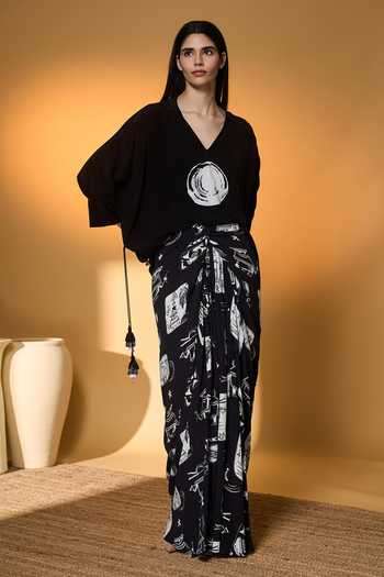 Masaba_Black Silk, Crepe Tassels V-neck Top And Printed Draped Skirt Set _Online_at_Aza_Fashions