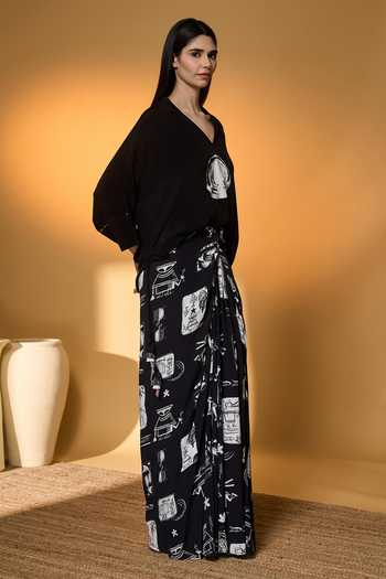 Buy_Masaba_Black Silk, Crepe Tassels V-neck Top And Printed Draped Skirt Set _Online_at_Aza_Fashions