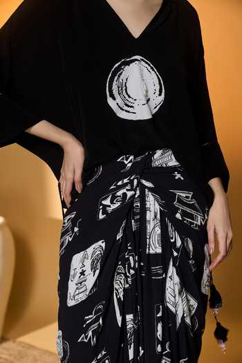 Shop_Masaba_Black Silk, Crepe Tassels V-neck Top And Printed Draped Skirt Set _Online_at_Aza_Fashions