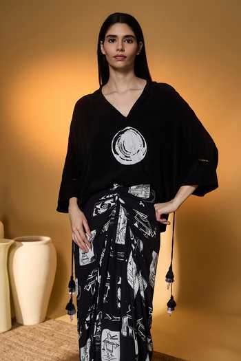 Masaba_Black Silk, Crepe Tassels V-neck Top And Printed Draped Skirt Set _at_Aza_Fashions