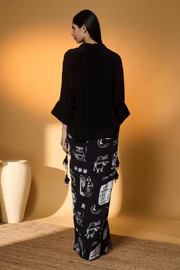 Shop_Masaba_Black Silk, Crepe Tassels V-neck Top And Printed Draped Skirt Set _at_Aza_Fashions