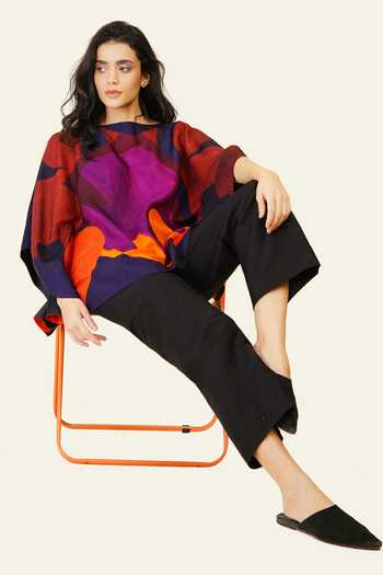 Buy_Taika By Poonam Bhagat_Multi Color Silk Embroidery Boat Neck Hand And Printed Top _at_Aza_Fashions