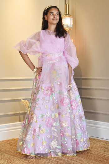 Buy_FAYON KIDS_Purple Organza, Net Sequins Embroidered Cape And Lehenga Set _at_Aza_Fashions