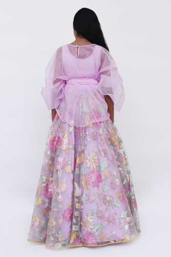 Shop_FAYON KIDS_Purple Organza, Net Sequins Embroidered Cape And Lehenga Set _at_Aza_Fashions
