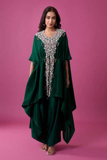 Buy_Prisho_Green Embroidery, Beads, Pearls V-neck Kaftan And Draped Pant Set _Online_at_Aza_Fashions