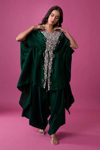 Buy_Prisho_Green Embroidery, Beads, Pearls V-neck Kaftan And Draped Pant Set _at_Aza_Fashions