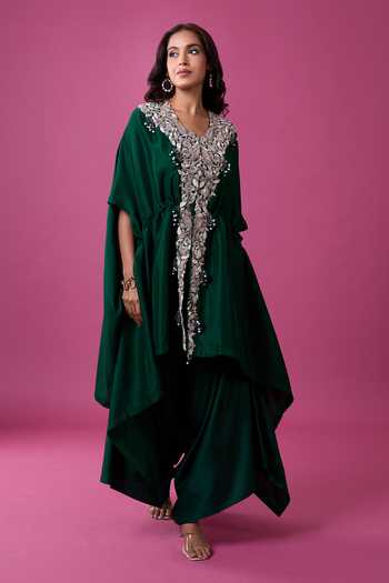 Shop_Prisho_Green Embroidery, Beads, Pearls V-neck Kaftan And Draped Pant Set _Online_at_Aza_Fashions