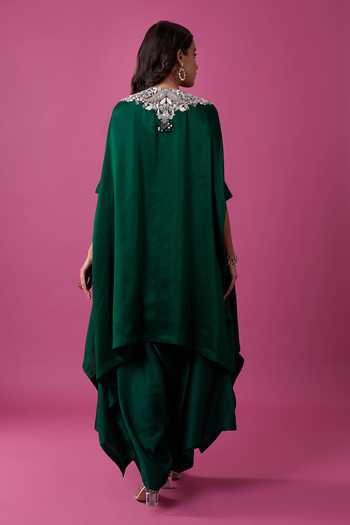Prisho_Green Embroidery, Beads, Pearls V-neck Kaftan And Draped Pant Set _Online_at_Aza_Fashions