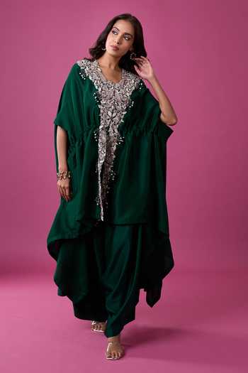 Prisho_Green Embroidery, Beads, Pearls V-neck Kaftan And Draped Pant Set _at_Aza_Fashions