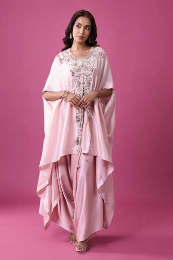 Buy_Prisho_Pink Embroidery, Sequins, Tassels V-neck Kaftan And Draped Pant Set _at_Aza_Fashions