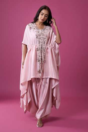 Buy_Prisho_Pink Embroidery, Sequins, Tassels V-neck Kaftan And Draped Pant Set _Online_at_Aza_Fashions