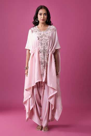 Shop_Prisho_Pink Embroidery, Sequins, Tassels V-neck Kaftan And Draped Pant Set _Online_at_Aza_Fashions