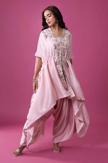 Prisho_Pink Embroidery, Sequins, Tassels V-neck Kaftan And Draped Pant Set _Online_at_Aza_Fashions