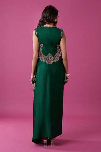 Prisho_Green Beads, Stones, Mirrors, Tassels Embroidered Jacket And Draped Skirt Set _Online_at_Aza_Fashions