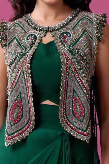 Prisho_Green Beads, Stones, Mirrors, Tassels Embroidered Jacket And Draped Skirt Set _Online