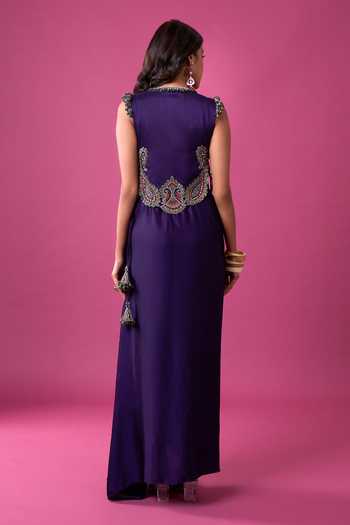Prisho_Purple Embroidery, Beads, Mirrors, Tassels Round Neck, Jacket And Draped Skirt Set _Online_at_Aza_Fashions