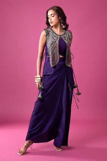 Buy_Prisho_Purple Embroidery, Beads, Mirrors, Tassels Round Neck, Jacket And Draped Skirt Set _Online_at_Aza_Fashions