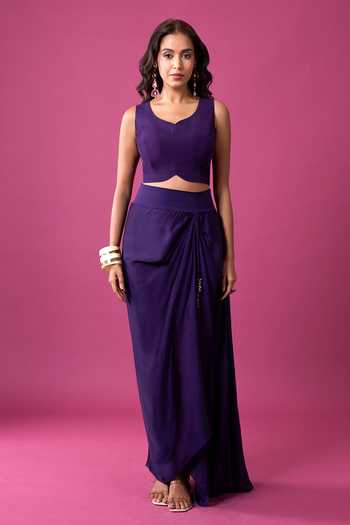 Shop_Prisho_Purple Embroidery, Beads, Mirrors, Tassels Round Neck, Jacket And Draped Skirt Set _Online_at_Aza_Fashions