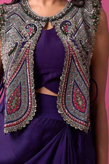 Prisho_Purple Embroidery, Beads, Mirrors, Tassels Round Neck, Jacket And Draped Skirt Set _at_Aza_Fashions