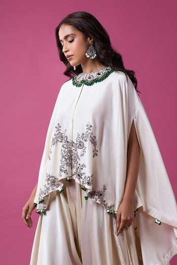 Buy_Prisho_Ivory Embroidery, Tassels, Pom-poms Round Neck Kaftan And Draped Pant Set _Online_at_Aza_Fashions