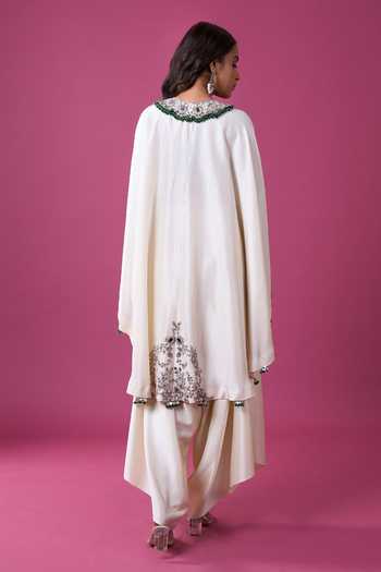 Prisho_Ivory Embroidery, Tassels, Pom-poms Round Neck Kaftan And Draped Pant Set _Online_at_Aza_Fashions