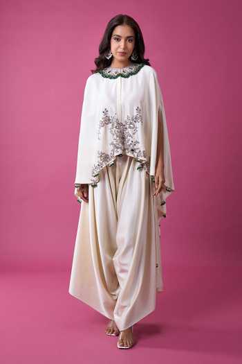 Shop_Prisho_Ivory Embroidery, Tassels, Pom-poms Round Neck Kaftan And Draped Pant Set _Online_at_Aza_Fashions