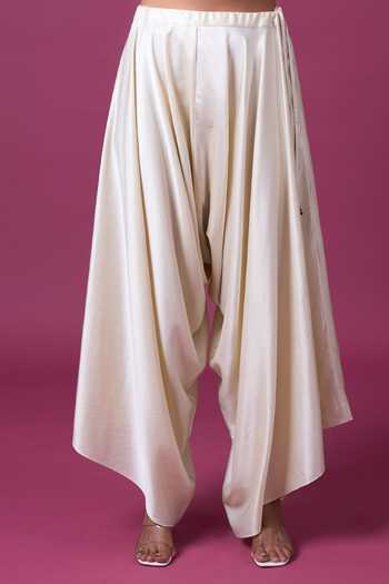 Prisho_Ivory Embroidery, Tassels, Pom-poms Round Neck Kaftan And Draped Pant Set _at_Aza_Fashions