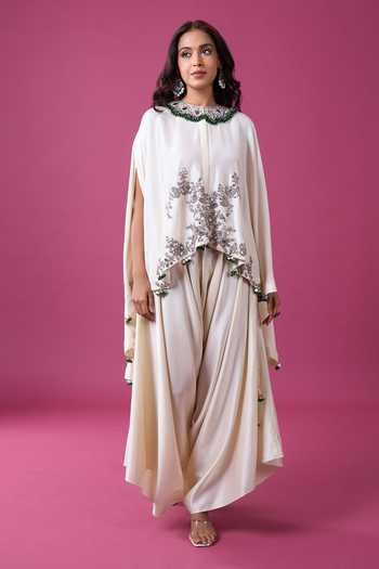 Buy_Prisho_Ivory Embroidery, Tassels, Pom-poms Round Neck Kaftan And Draped Pant Set _at_Aza_Fashions