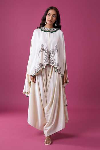 Buy_Prisho_Ivory Embroidery, Tassels, Pom-poms Round Neck Kaftan And Draped Pant Set 