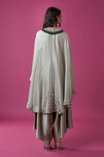 Prisho_Green Beads, Stones, Tassels Round Neck Embroidered Kaftan And Draped Pant Set _Online_at_Aza_Fashions