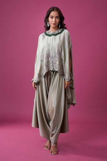Buy_Prisho_Green Beads, Stones, Tassels Round Neck Embroidered Kaftan And Draped Pant Set _Online_at_Aza_Fashions