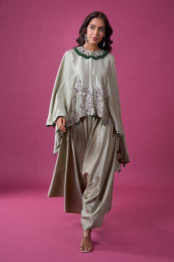 Shop_Prisho_Green Beads, Stones, Tassels Round Neck Embroidered Kaftan And Draped Pant Set _Online_at_Aza_Fashions