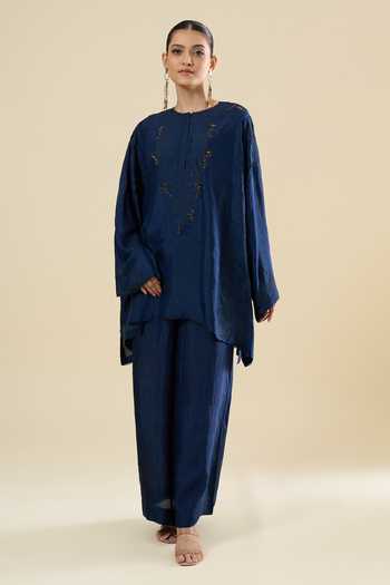 Buy_Anamika Khanna_Blue Embroidery, Sequins Tonal Kurta And Pant Set _Online_at_Aza_Fashions