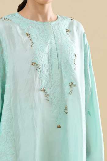 Buy_Anamika Khanna_Sky Blue Embroidery Round Neck, Yes Straight Kurta And Pant Set _Online_at_Aza_Fashions
