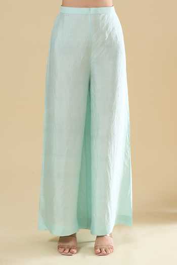 Shop_Anamika Khanna_Sky Blue Embroidery Round Neck, Yes Straight Kurta And Pant Set _Online_at_Aza_Fashions