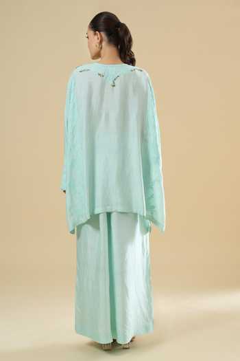 Anamika Khanna_Sky Blue Embroidery Round Neck, Yes Straight Kurta And Pant Set _Online_at_Aza_Fashions