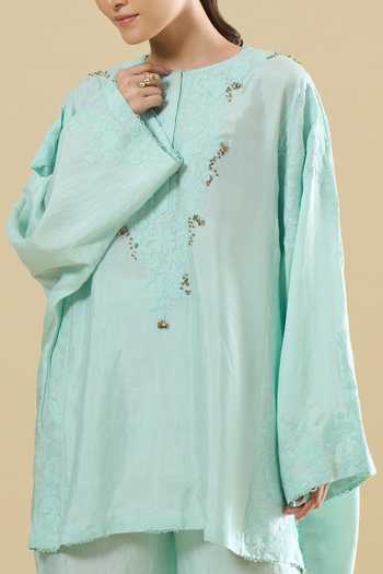 Anamika Khanna_Sky Blue Embroidery Round Neck, Yes Straight Kurta And Pant Set _at_Aza_Fashions