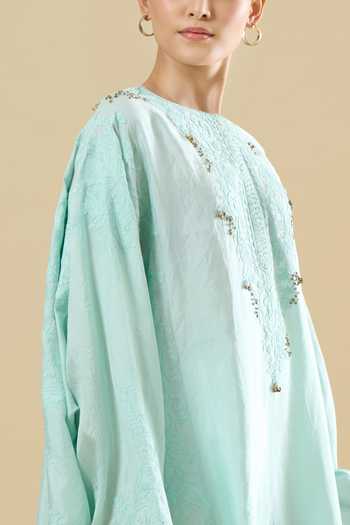 Buy_Anamika Khanna_Sky Blue Embroidery Round Neck, Yes Straight Kurta And Pant Set 