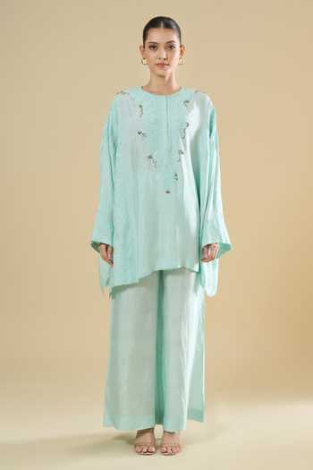 Anamika Khanna_Sky Blue Embroidery Round Neck, Yes Straight Kurta And Pant Set _Online