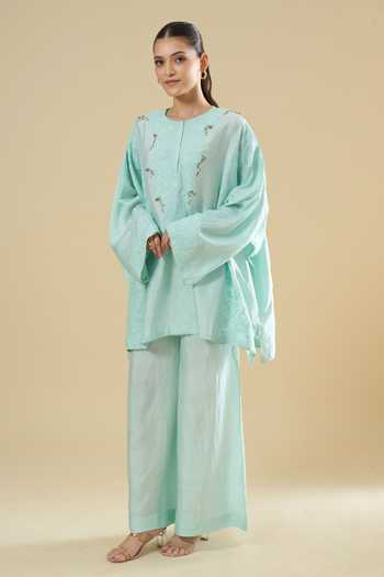 Buy_Anamika Khanna_Sky Blue Embroidery Round Neck, Yes Straight Kurta And Pant Set _at_Aza_Fashions